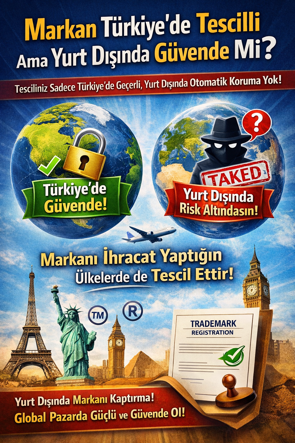 Yurt dışı marka tescilinin önemini vurgulayan, Türkiye’de tescilli markanın yurtdışında korunmadığını anlatan infografik.